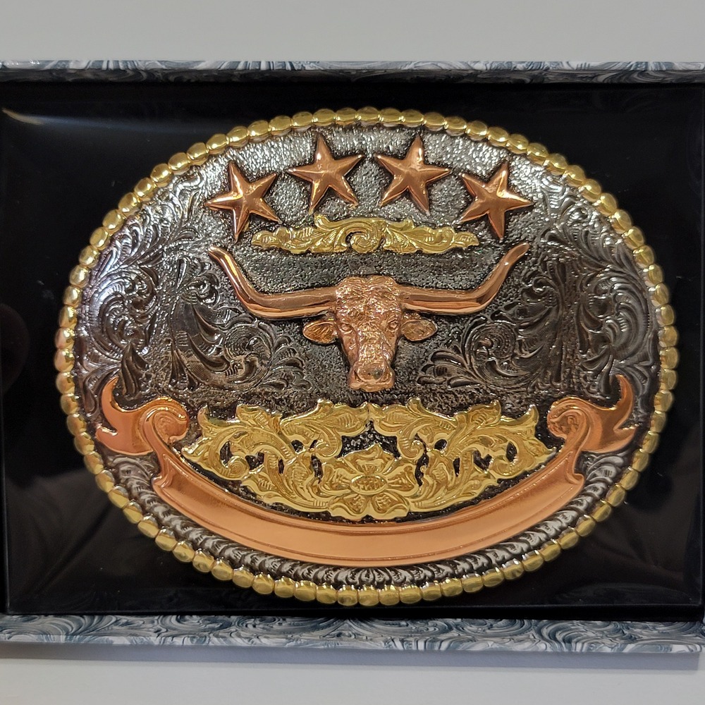 Crumrine Mens Tri-Tone Longhorn Bull Stars Western Belt Buckle NIB Mexico